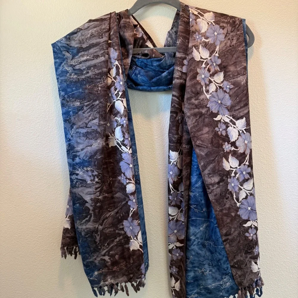 Batik Floral Silky Tassel Fringe Shawl Scarf Blue Brown Tie Dye 60 Inch